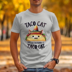 Camiseta divertida con sombrero de taco y gato, linda camiseta con gráfico de comida mexicana, camiseta novedosa para amantes de los gatos, regalo único para ella o para él.