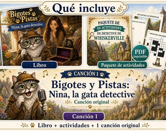 Spanish Cat Detective Mystery Book, Bilingual Activity Pack and Song (PDF Download)