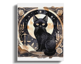 Lámina artística de gato negro con aspecto de bruja, arte mural de gato celestial sobre libros, lámina para amantes de los gatos lectores, decoración mística para lectores, lámina vintage de gato estilo cottagecore