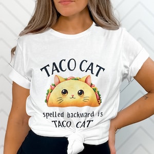Camiseta &quot;Taco Cat&quot; (deletreado al revés) con el texto &quot;Taco Cat&quot;, divertida camiseta con gráfico de gato y taco, linda camiseta novedosa, regalo para amantes de los gatos, divertida camiseta para ella o para él.