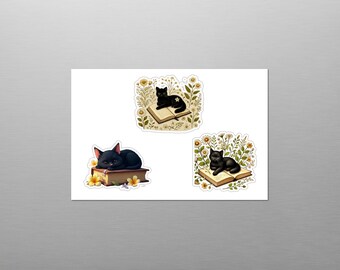 Bookish Black Cat Sticker Sheet, Botanical Floral Reader Decal Pack