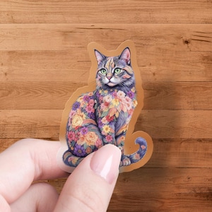 Floral Cat Sticker, Colorful Flower Kitten Decal, Cute Pet Art Sticker, Botanical Feline Sticker, Decorative Animal Sticker, Laptop Sticker
