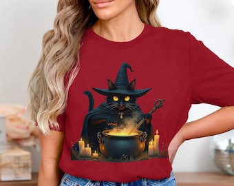 Koszulka z czarnym kotem, koszulka z grafiką z kotłem do warzenia mikstury dla czarownicy, prezent dla miłośnika kotów na Halloween, słodka koszulka z kapeluszem czarownicy z czarnym kotem