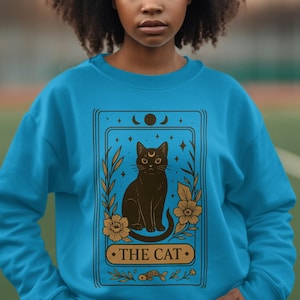 The Cat Tarot Card T-Shirt, Sweatshirt, Mug, Sticker, Mystical Black Cat, Celestial Cat, Witchy Gift, Floral Cat Card, Cat Lover Gift