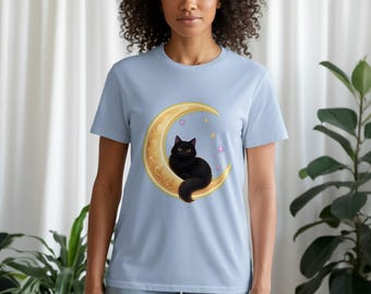 Fluffy Black Cat Shirt with Crescent Moon, Celestial Witchy Cat T-Shirt, Cottagecore Cat Mom Gift, Mystical Cat Lover Tee