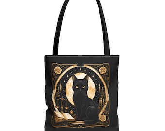 Bookish Cat Tote Bag, Black Cat Design, Celestial Tote for Readers, Gift for Cat Lovers, Mystical Library Bag