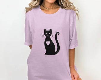 Schwarze Katze Silhouette T-Shirt, minimalistisches Katzenliebhaber T-Shirt mit Herzausschnitt, niedliches Katzengrafik Shirt, stilvolle Katzenmutter Geschenkidee