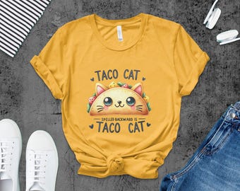 Taco katt T-shirt, söt kattälskare T-shirt, rolig stavad baklänges katt T-shirt, matälskare present, bedårande taco katt grafisk T-shirt för henne eller honom