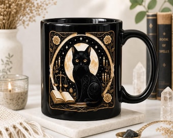 Cat Witchy Mug, Black Cat Moon Coffee Cup, Celestial Vintage Victorian Gift for Cat Lovers and Witchy Fans