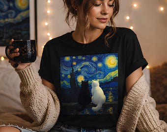 Starry Night Cat T-Shirt, Van Gogh Inspired Aesthetic Tee, Perfect Gift For Cat Lovers, Cottagecore Art Apparel