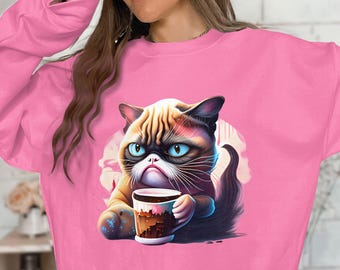 Grumpy Cat Coffee Shirt, Hoodie or Sweatshirt, Funny Cat Lover Gift, Sarcastic Tired Cat Design, Coffee Addict Apparel, Moody Kitty Top