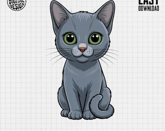 Cute Russian Blue Cat Clipart, Big Eye Cat Clipart, Cute Pet Clipart, Nursery Clipart, Baby Shower Clipart, Cat Png