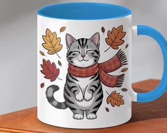 Autumn Cat T-Shirt, Sweatshirt, Mug, Sticker, Cute Fall Kitty, Seasonal Gift, Cozy Scarf, Autumn Leaves, Pet Lover Apparel
