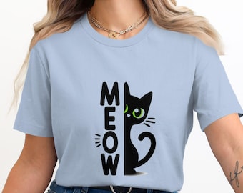 Peeking Cat Meow T-Shirt, Cute Black Cat Graphic Tee, Playful Kitty Lover Gift, Funny Cat Mom Shirt, Cat Lady Everyday Top