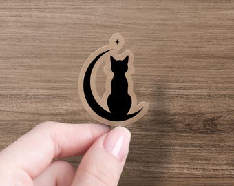 Die Cut Cat Sticker, Black Cat with Crescent Moon, Transparent Vinyl Cat Decal, Witchy Laptop Sticker, Cat Mom Gift