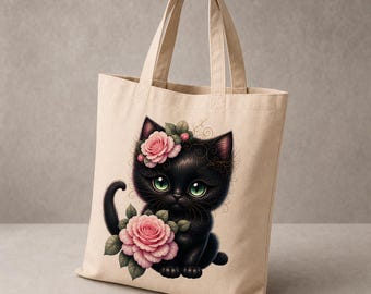 Black Cat with Pink Roses Tote Bag, Floral Kitten Canvas Bag, Cottagecore Cat Lover Gift, Bookish Cat Mom Tote, Cute Cat Library Bag