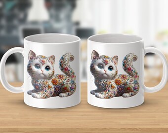 Cute Floral Cat Mug, Adorable Kitten Coffee Cup, Cat Lover Gift, Unique Animal Mug, Fun Tea Mug for Cat Enthusiasts & Crazy Cat Ladies