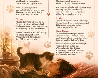 My Favorite Little Disaster Cat Song Lyrics Printable | Original Chaos Cat Love Song | Cat Mom Wall Art Digital and Song Download