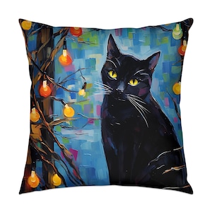 Vibrant Black Cat Pillow Cover Artistic Cat Throw Pillow Colorful Cat Decor Cat Lover Gift Cat Art Cushion Christmas Cat Pillow