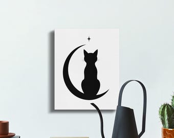 Black Cat Canvas Wall Art, Celestial Cat Print, Crescent Moon Cat Gallery Wrapped Canvas, Witchy Home Decor, Cat Mom Gift