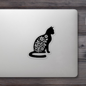Floral Cat Decal, Adorable Animal Vinyl Art, Laptop & Water Bottle Sticker, Planner Accessory, Gift for Cat Lovers, Cute Cat Sticker