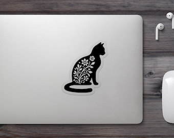 Black Cat Sticker, Floral Silhouette Cat Vinyl Decal, Cute Laptop Water Bottle Cat Lover Gift