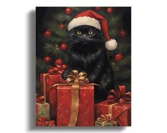 Christmas Cat Canvas Art, Holiday Gift Wrapped Cat, Santa Hat Decor, Festive Cat Wall Art, Cat Lovers Christmas Decoration