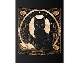 Witchy Cat Art Print, Celestial Black Cat Wall Art, Gothic Book Lover Decor, Cottagecore Reading Nook Gift