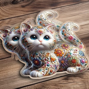 Boho Chic Cat Decal with Blue Eyes, Whimsical Floral Design, Laptop and Water Bottle Sticker, Perfect for Decorating Your Gadgets