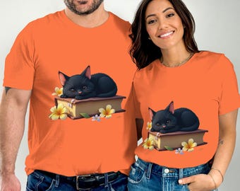 Black Cat Shirt, Sleepy Cat on Open Book Cozy Floral Graphic Tee, Cute Bookworm Cat Lover Gift, Reader Cat Lady Shirt