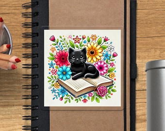 Bookish Black Cat Sticker, Open Book Wildflower Cat Decal