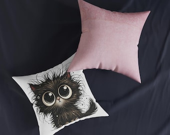 Cute Black Cat Pillow Big Eyed Kitten Throw Pillow Kawaii Cat Decor Cozy Cat Lover Gift Bedroom Home Accent
