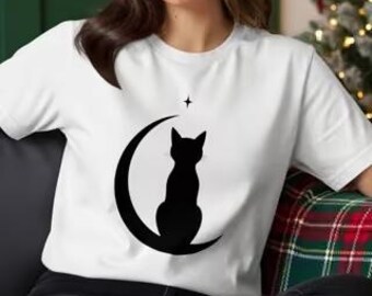 Black Cat Shirt with Crescent Moon Tail, Celestial Witchy Cat T-Shirt, Minimalist Cat Mom Gift, Mystical Black Cat Tee, Cat Lover Gift
