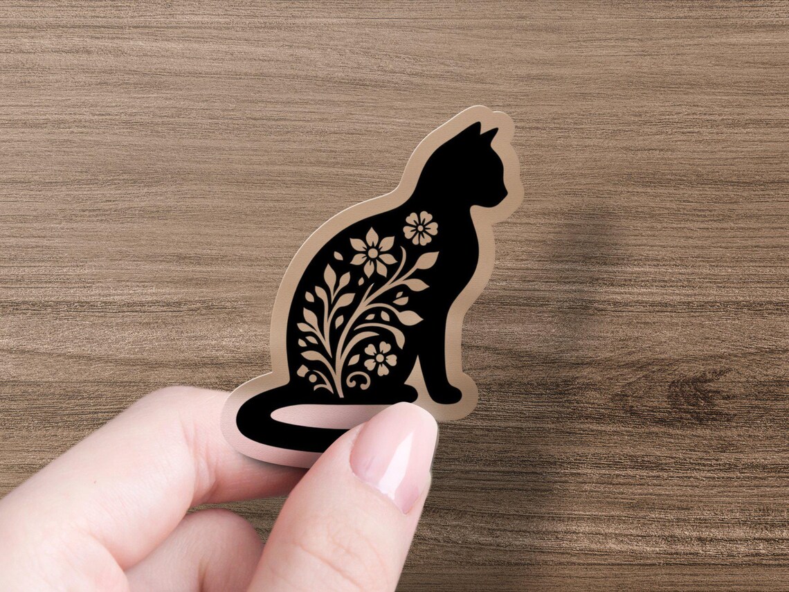 Floral Cat Decal, Adorable Animal Vinyl Art, Laptop & Water Bottle ...