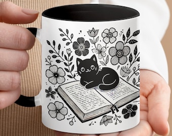 Zwarte kat mok, gezellige leesmok, leuk cadeau boekenliefhebber, zwarte kat met bloemen, schattig kattenliefhebber koffiekopje, boek en kattenontwerp