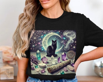 Mystical Cat Shirt, Witchy Moon Crystal Tee, Celestial Black Cat Gift