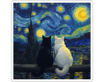 Starry Night Cat Vinyl Sticker for Aesthetic Art Lovers, Cottagecore Laptop Sticker, Impressionist Black Cat Decal