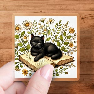 Floral Black Cat Sticker, Bookish Cat Wildflower Holographic Decal, Cozy Cottagecore Aesthetic, Gift for Book & Cat Lovers