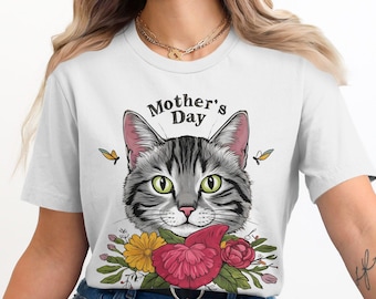 Mothers Day Cat T-Shirt, Floral Cat Shirt, Cute Cat Tee, Mothers Day Gift for Cat Lover, Cat Mom T-Shirts, Cat Shirt for Women