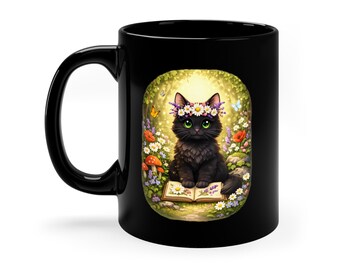 Cottagecore Black Cat Sticker with Flower Crown - Enchanted Garden Magical Cat Mug