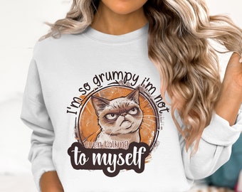 Funny I'm So Grumpy I'm Not Even Talking to Myself Sweatshirt, Sarcastic Cat Lover Gift, Angry Kitty Graphic Tee, Humorous Pet Owner Shirt