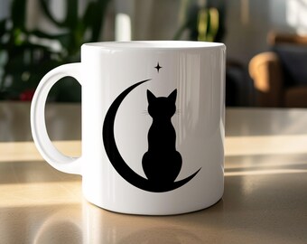 Cat Mug with Crescent Moon Cat, Celestial Coffee Mug, Black Cat Gift for Cat Mom, Witchy Cottagecore Mug, Cat Lover Mug