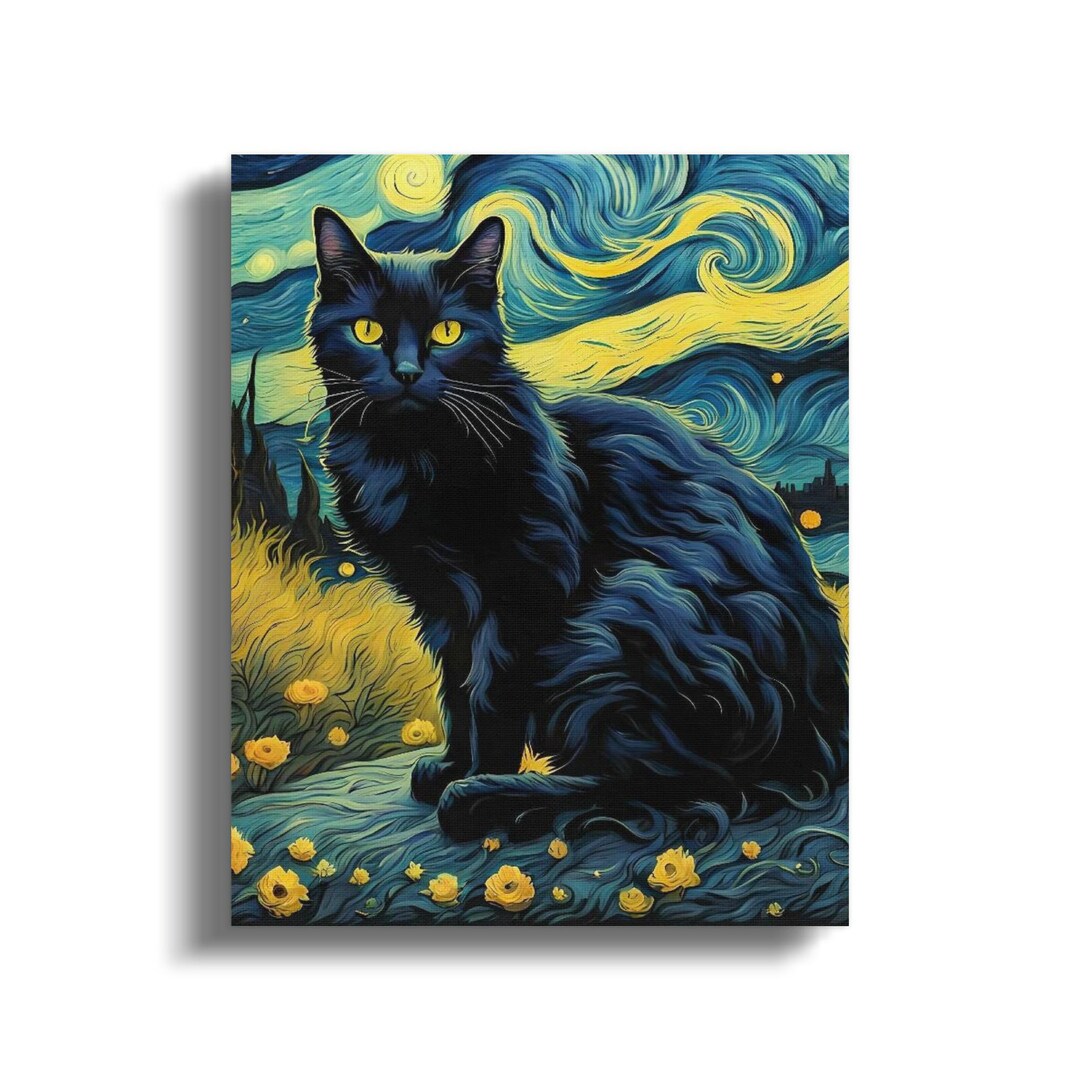 Black Cat Starry Night Art, Van Gogh Style Cat Print, Whimsical Feline ...
