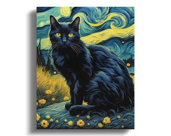 Black Cat Starry Night Art, Van Gogh Style Cat Print, Whimsical Feline Wall Decor, Mystical Animal Artwork, Pet Lover Gift