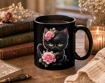 Black Cat Mug with Pink Roses, Floral Kitten Coffee Cup, Cottagecore Cat Lover Gift, Bookish Cat Mom Mug, Botanical Tea Mug