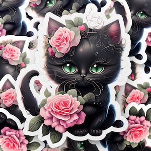 Floral Black Cat Sticker, Cute Cat with Pink Roses, Aesthetic Cat Lover Gift, Waterproof Vinyl Decal, Laptop or Water Bottle Sticker