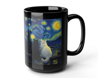 Starry Night Cats Coffee Mug, Van Gogh Inspired Black Cat Cup, Aesthetic Gift For Art Lovers, Cottagecore Cat Mom Cup, Kitty Ceramic Mug