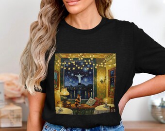 Calico Cat Starry Night Art, Rio Christ Redeemer View, Cozy Cafe Window Scene, Van Gogh Inspired Print, Aesthetic Room Decor