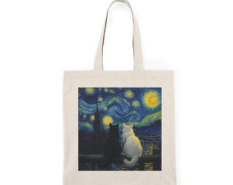 Starry Night Cats Tote Bag, Van Gogh Inspired Canvas Book Bag