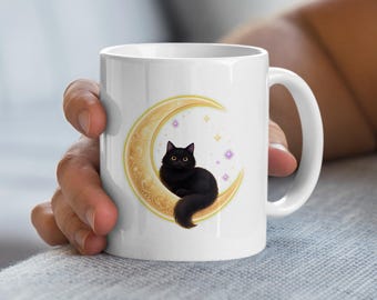 Fluffy Cat Mug with Crescent Moon, Celestial Coffee Mug, Cute Black Cat Gift for Cat Mom, Witchy Cottagecore Mug